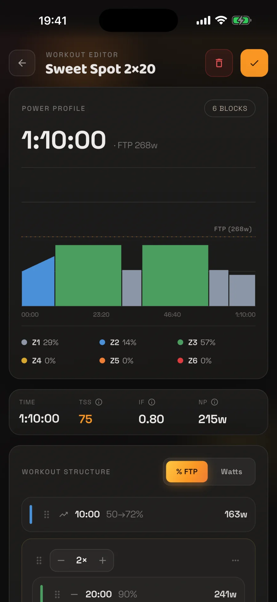 Ognik workout editor: power profile and block list