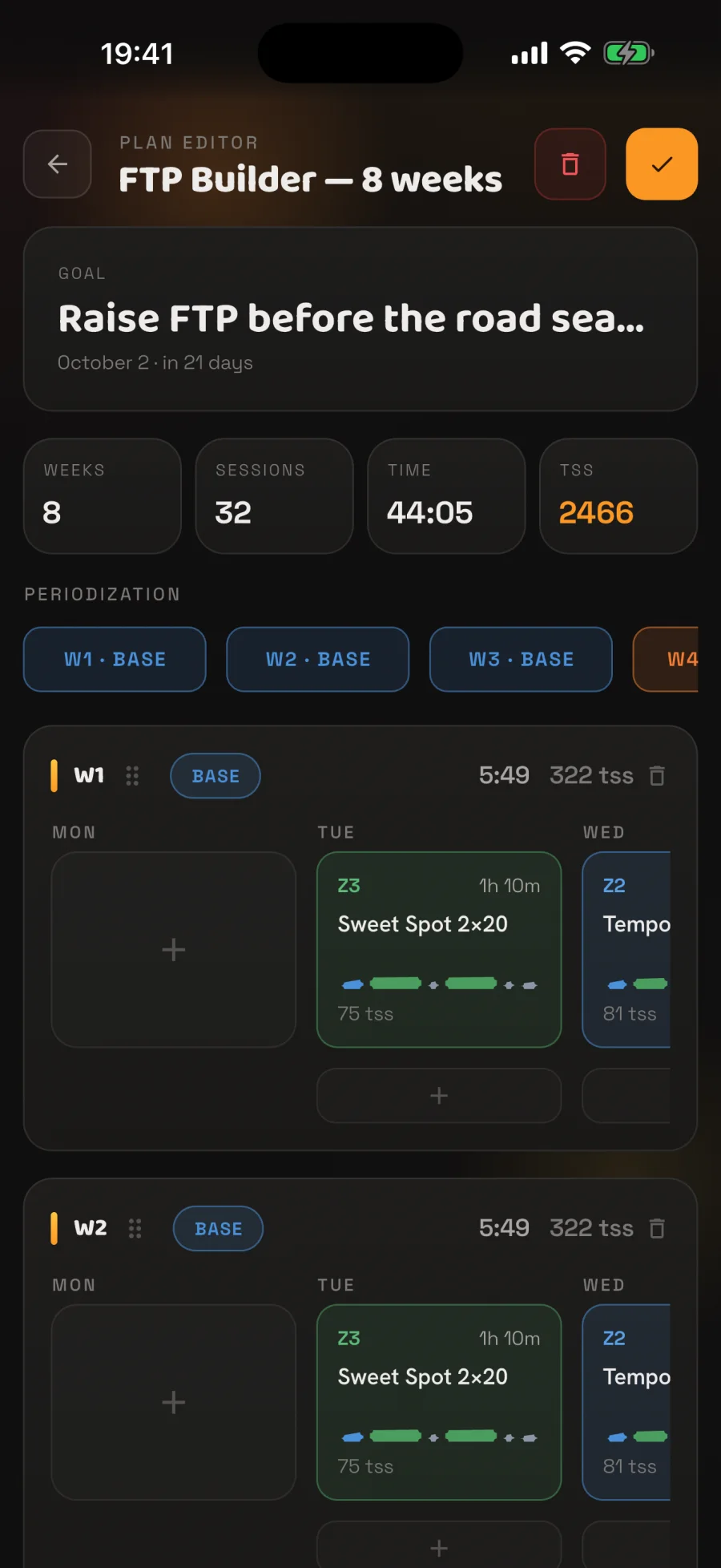 Ognik training plan editor: weeks and workout tiles