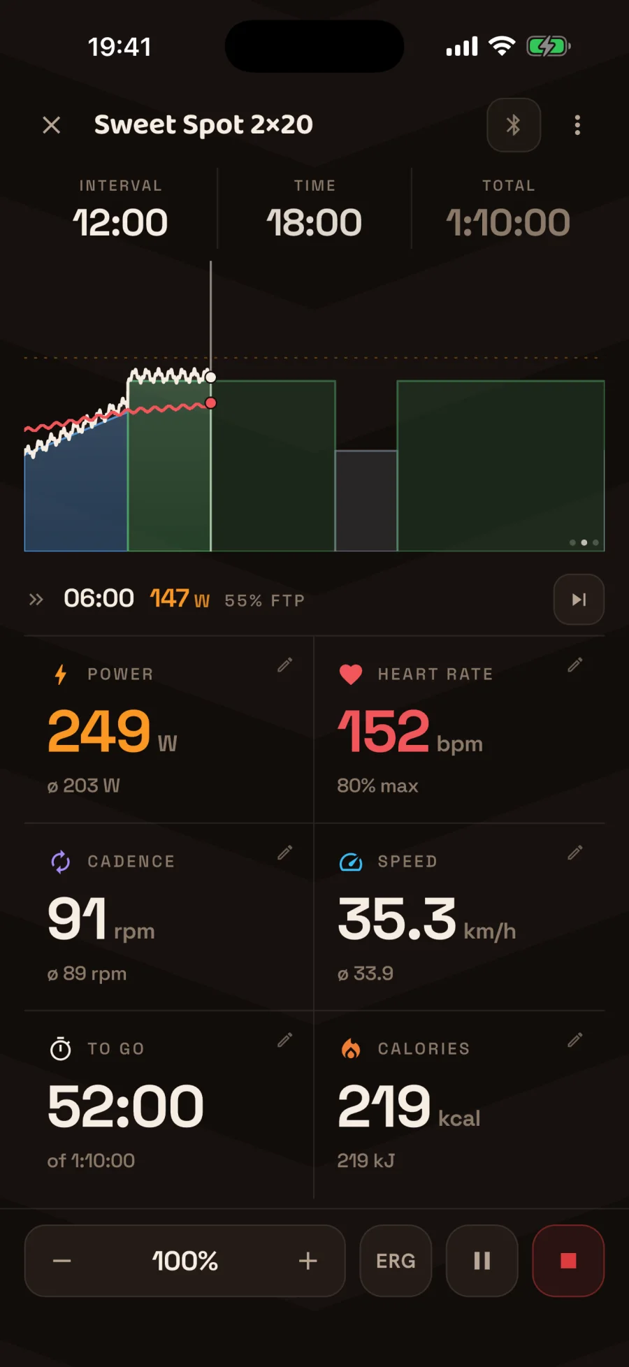Ognik ride screen: live power, heart rate and cadence