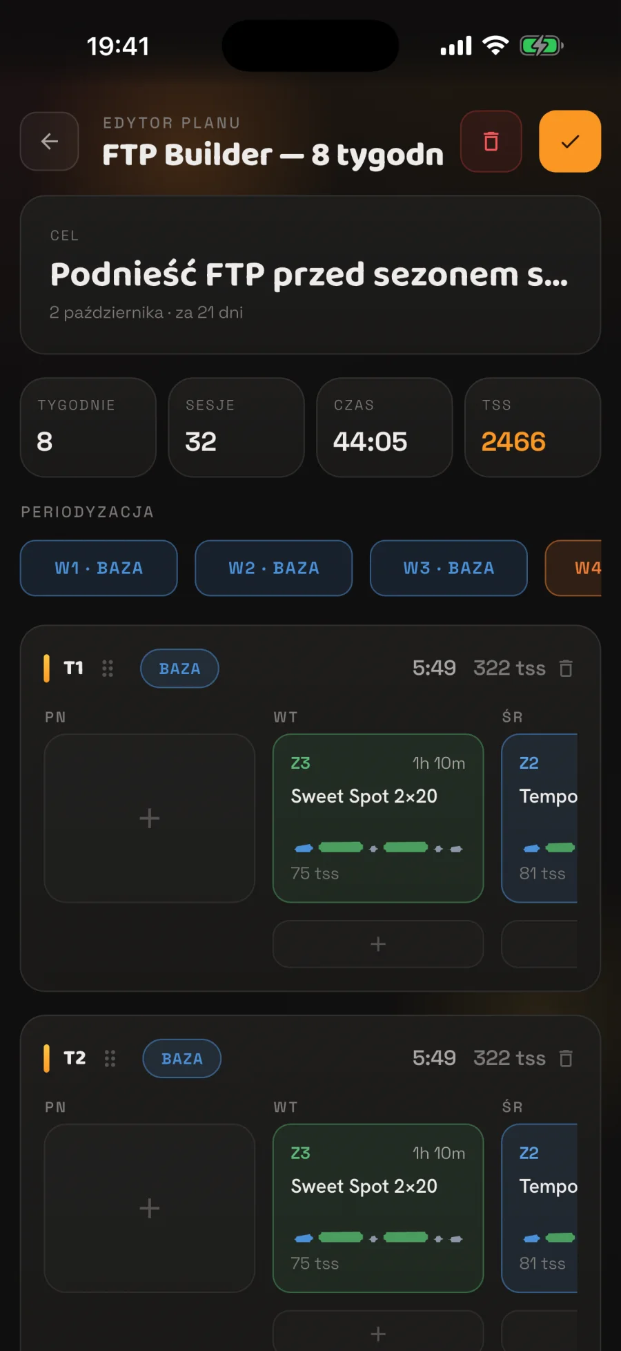 Edytor planu treningowego w Ogniku: tygodnie i kafelki treningów